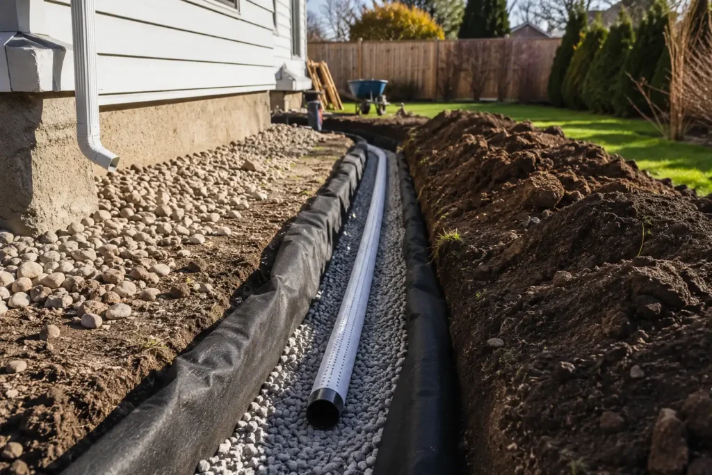French drain trench with perforated pipe and gravel in a Buffalo NY backyard