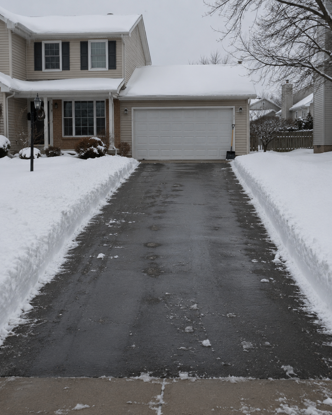 Residential driveway cleared down to bare asphalt with clean snow banks on both sides