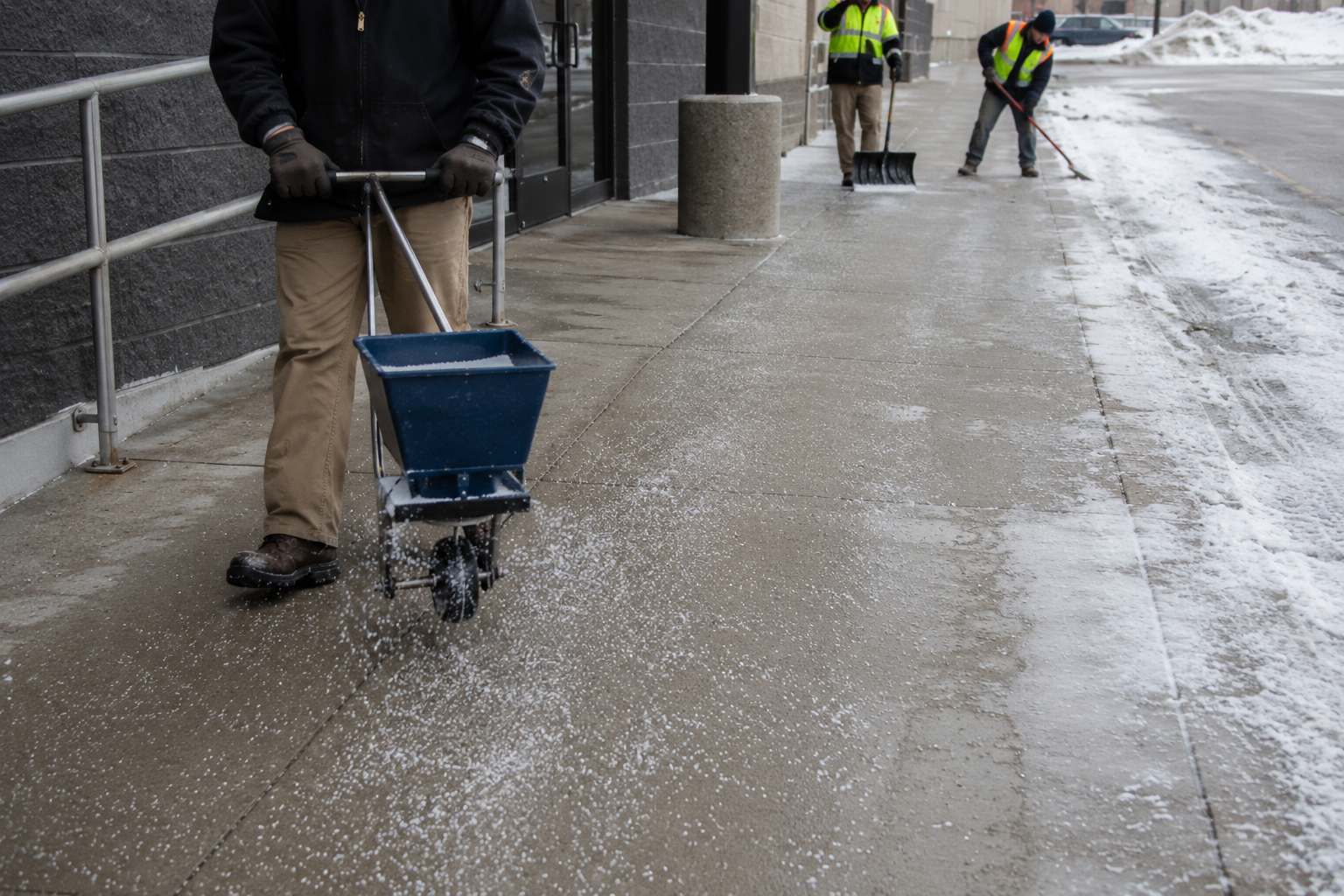 Worker spreading ice melt from a walk-behind spreader along a storefront sidewalk