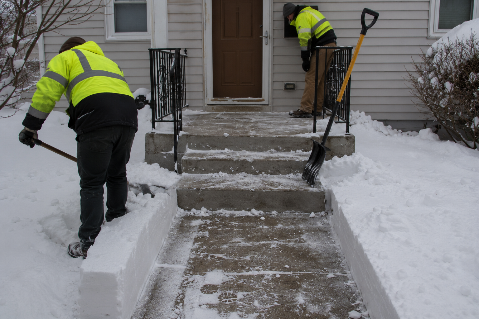 Two crew members in high-visibility jackets shovelling a front walkway and porch steps clear of snow