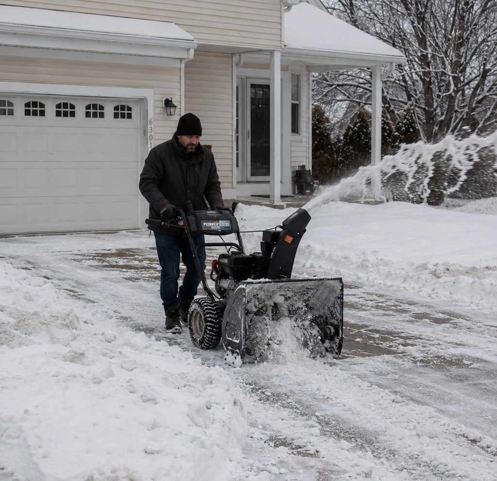 Cleared residential driveway and front walk after a storm
