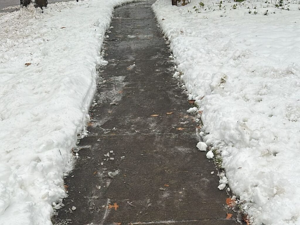 Front walk hand-cleared down to bare pavement with straight, clean edges